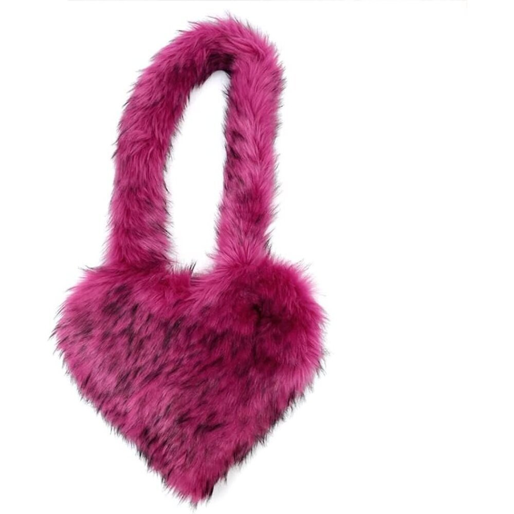 Women's Rose Red Heart Shaped Fluffy Plush Faux Fur Imported Chic Handbag